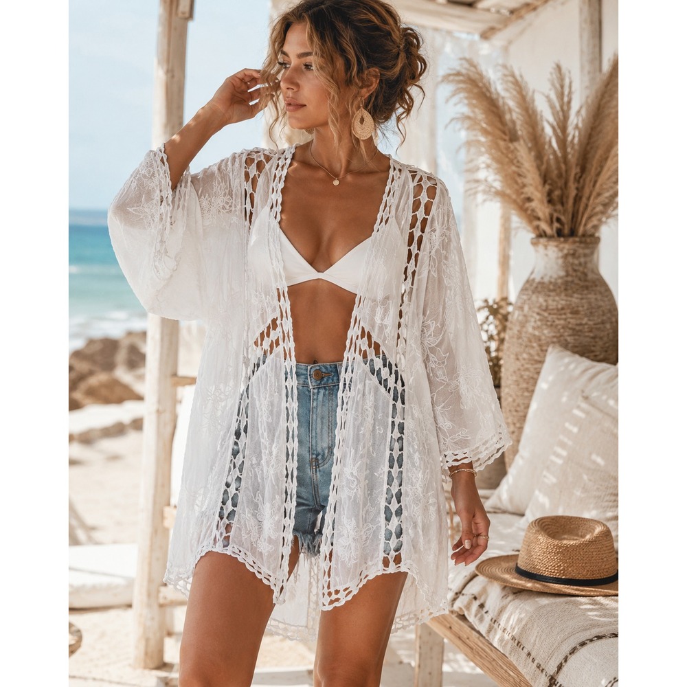Ember White Lace Kimono XL Boho Crochet Duster Beach Cover Up Festivalwear NWT